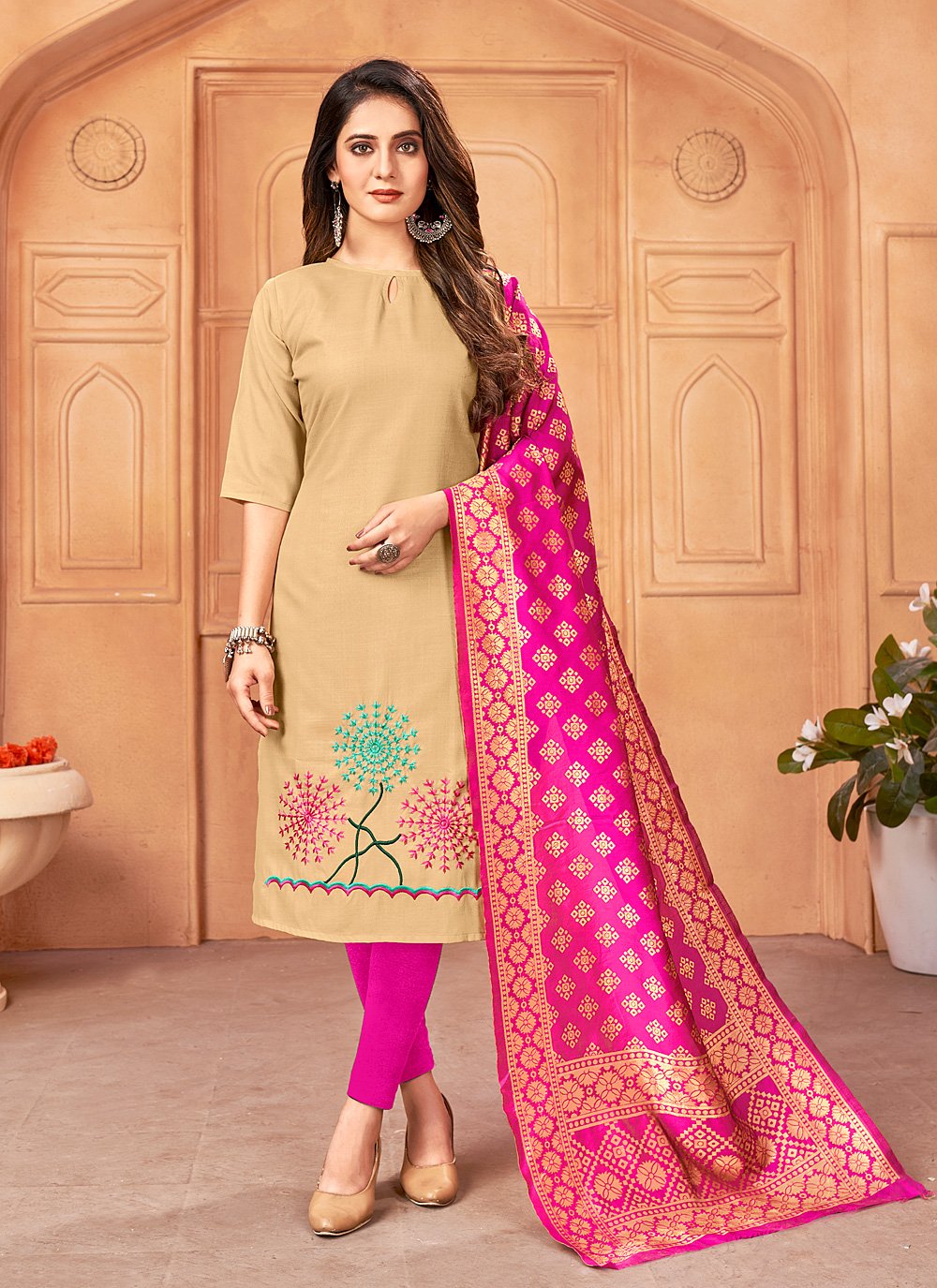 Elegant Handwoven Mangalgiri Cotton suit with Hand block print –  India1001.com