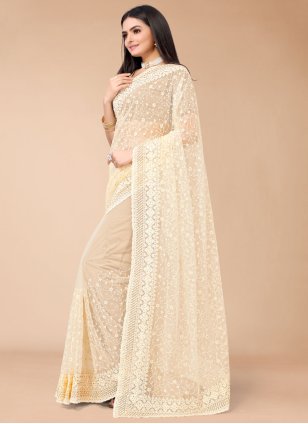 Beige Net Embroidered Contemporary Sari
