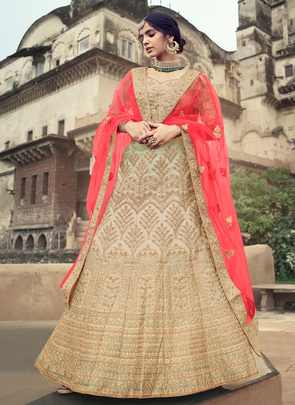 Green Heavy Border Lehenga Choli In Silk 2370LG05