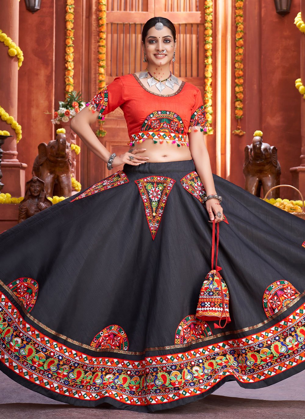 Buy Pink Organza Cut, Embroidered and Mirror Work Lehenga Choli for Women  Online -