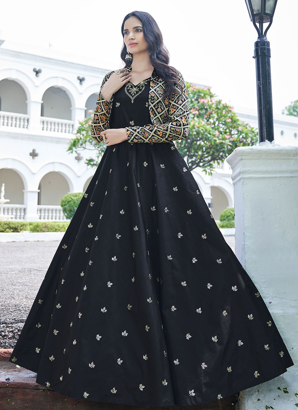 JET BLACK GOWN SET WITH SELF AND SILVER EMBROIDERY PAIRED WITH A MATCHING  DUPATTA AND SILVER EMBELLISHMENTS. - Seasons India
