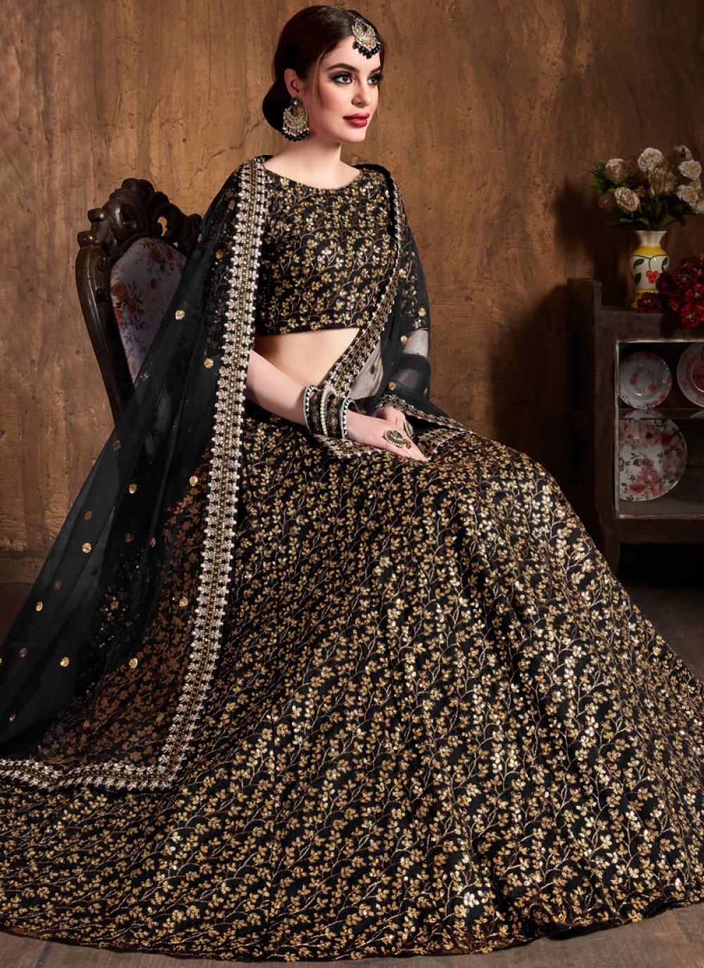 Delightful Black Thread and Sequins Embroidered Net fabric party wear  Lehenga choli - MEGHALYA - 3308408