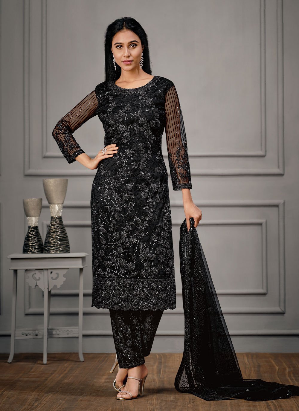 Black Net Trendy Pakistani Salwar Suit : 66062