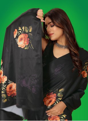 
                            Black Satin Digital Print Designer Sari
