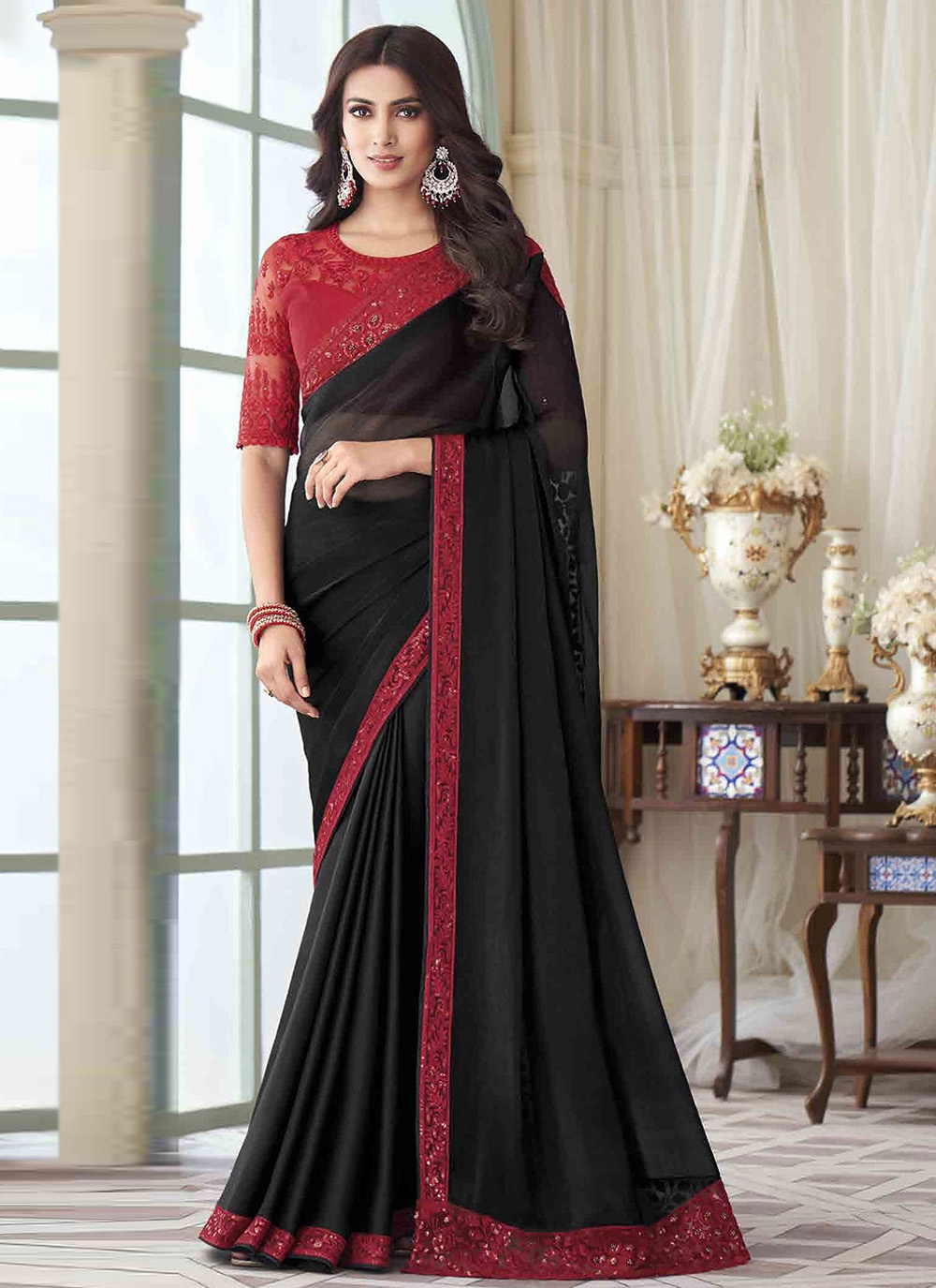 Buy Brilliant Black Net Heavy Embroidered Party Wear Saree | Party Wear  Sarees