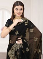 Black Silk Embroidered Contemporary Saree