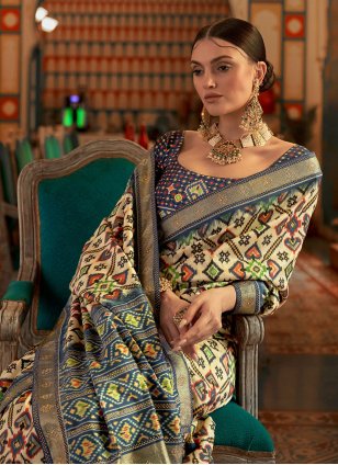 Blue and Cream Patola Silk Weaving Designer Sari