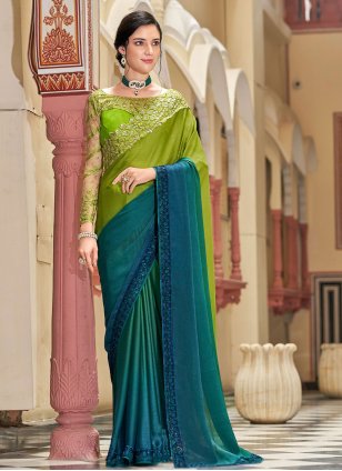 Blue and Green Silk Embroidered Contemporary Saree
