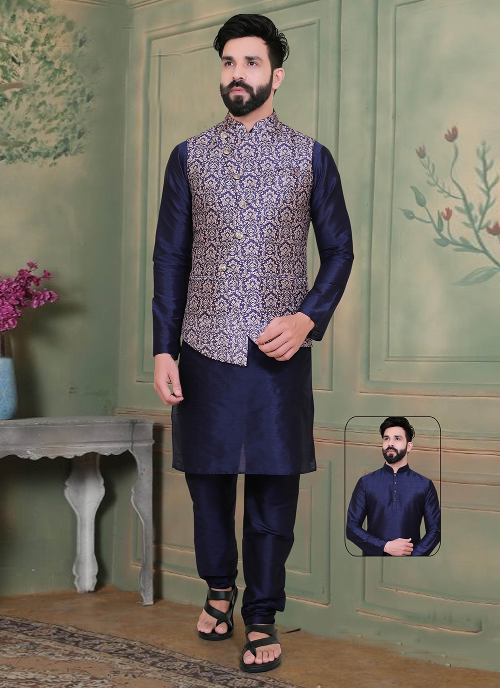 Buy Navy Blue Exclusive Readymade Banarasi Silk Kurta Pajama With Jacket |  Kurta Pajama