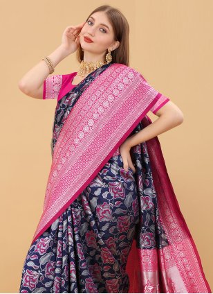 Blue Banarasi Jacquard Weaving Classic Saree