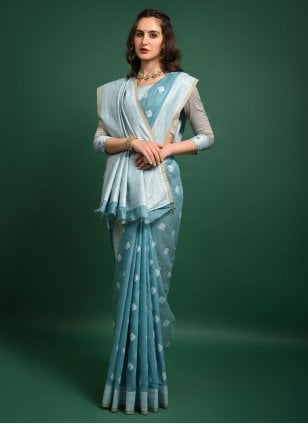 Blue Banarasi Silk Weaving Classic Sari