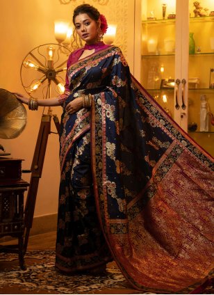 Blue Banarasi Silk Weaving Classic Sari