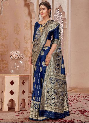 Blue Banarasi Silk Weaving Designer Sari