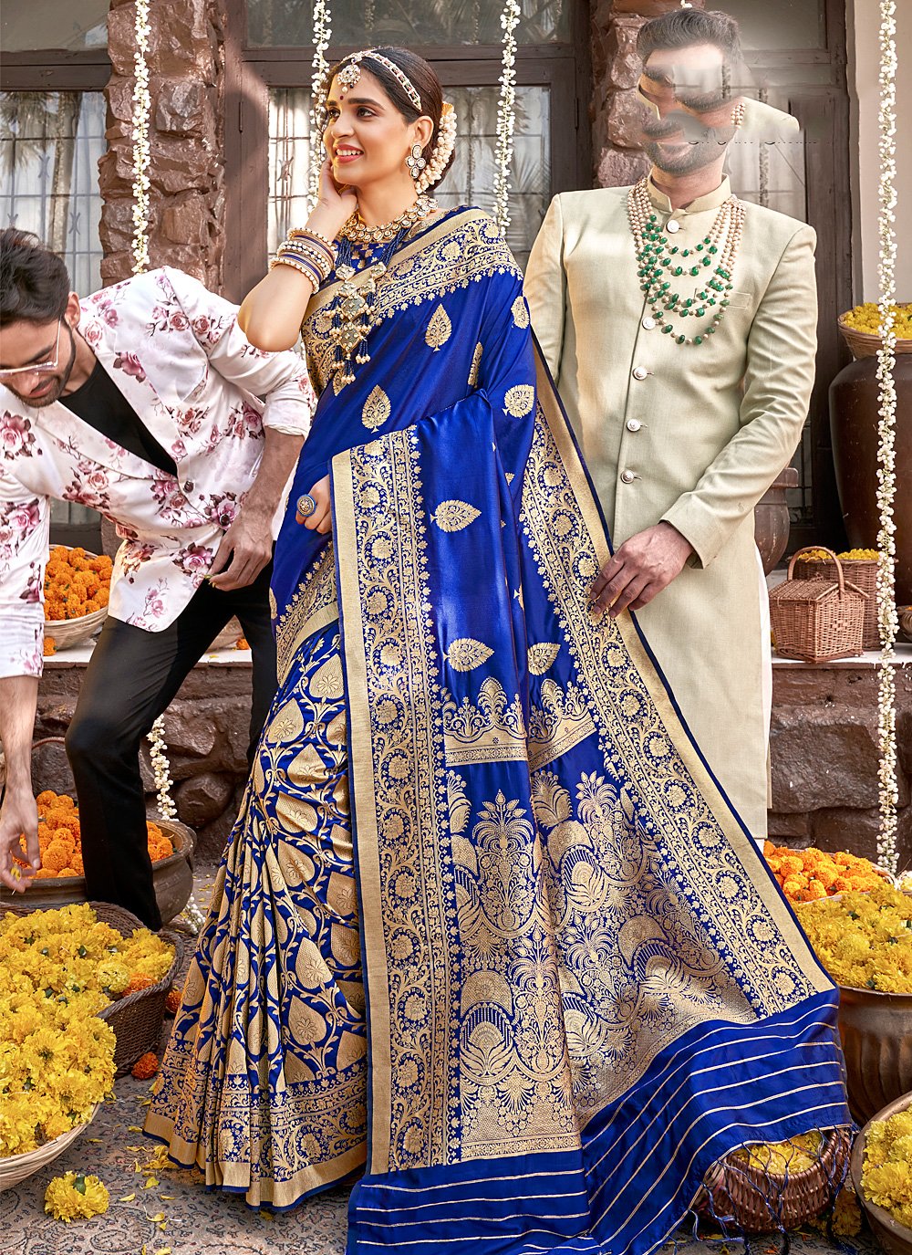 Royal blue kadhwaha saree by Sacred Weaves