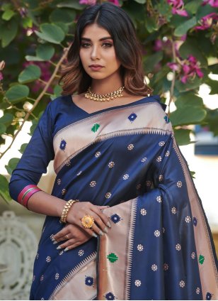 Blue Banarasi Silk Woven Designer Saree