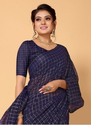 Blue Blended Cotton Woven Trendy Sari