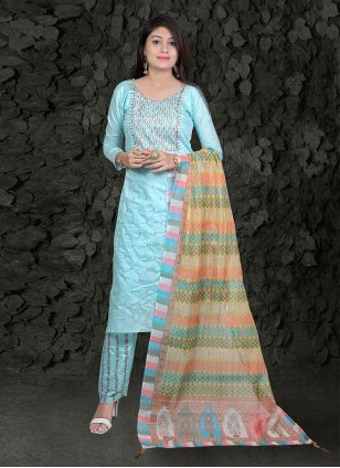 Blue Chanderi Silk Straight Salwar Suit