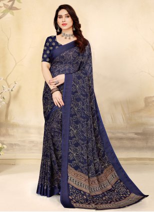 Blue Chiffon Printed Designer Sari