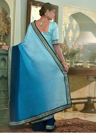 Blue Chinon Embroidered Designer Sari