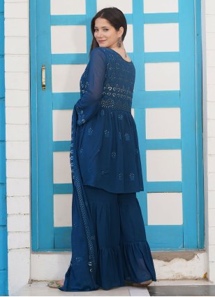 Blue Faux Georgette Sequins Designer Palazzo Salwar Kameez