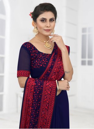 Blue Georgette Embroidered Contemporary Saree