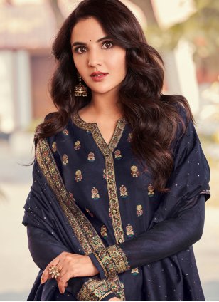 Blue Jacquard Embroidered Trendy Salwar Suits