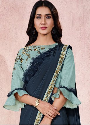 Blue Lycra Embroidered Trendy Sari