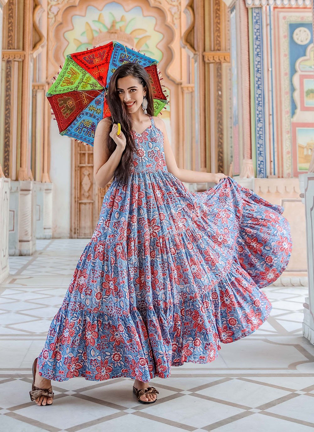 Cotton Umbrella Dress in Floral Jaal Pink  ChhipaPrints