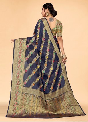 Blue Organza Woven Designer Sari