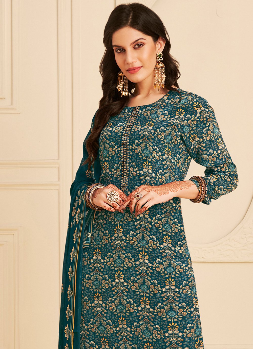Buy Blue Pure Crepe Embroidered Punjabi Salwar Suit Online : New Zealand -