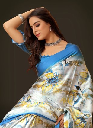 Blue Satin Digital Print Trendy Sari