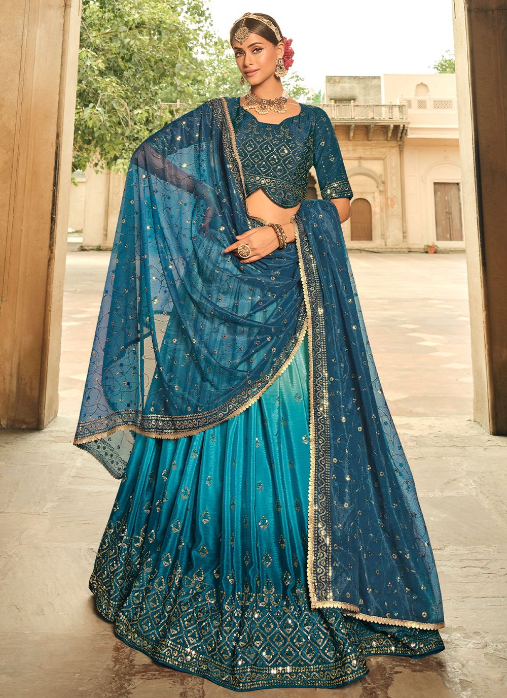 Buy Blue Silk Embroidered Trendy Ghagra Choli Online : 71223 -