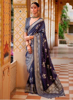 Blue Silk Foil Print Classic Sari