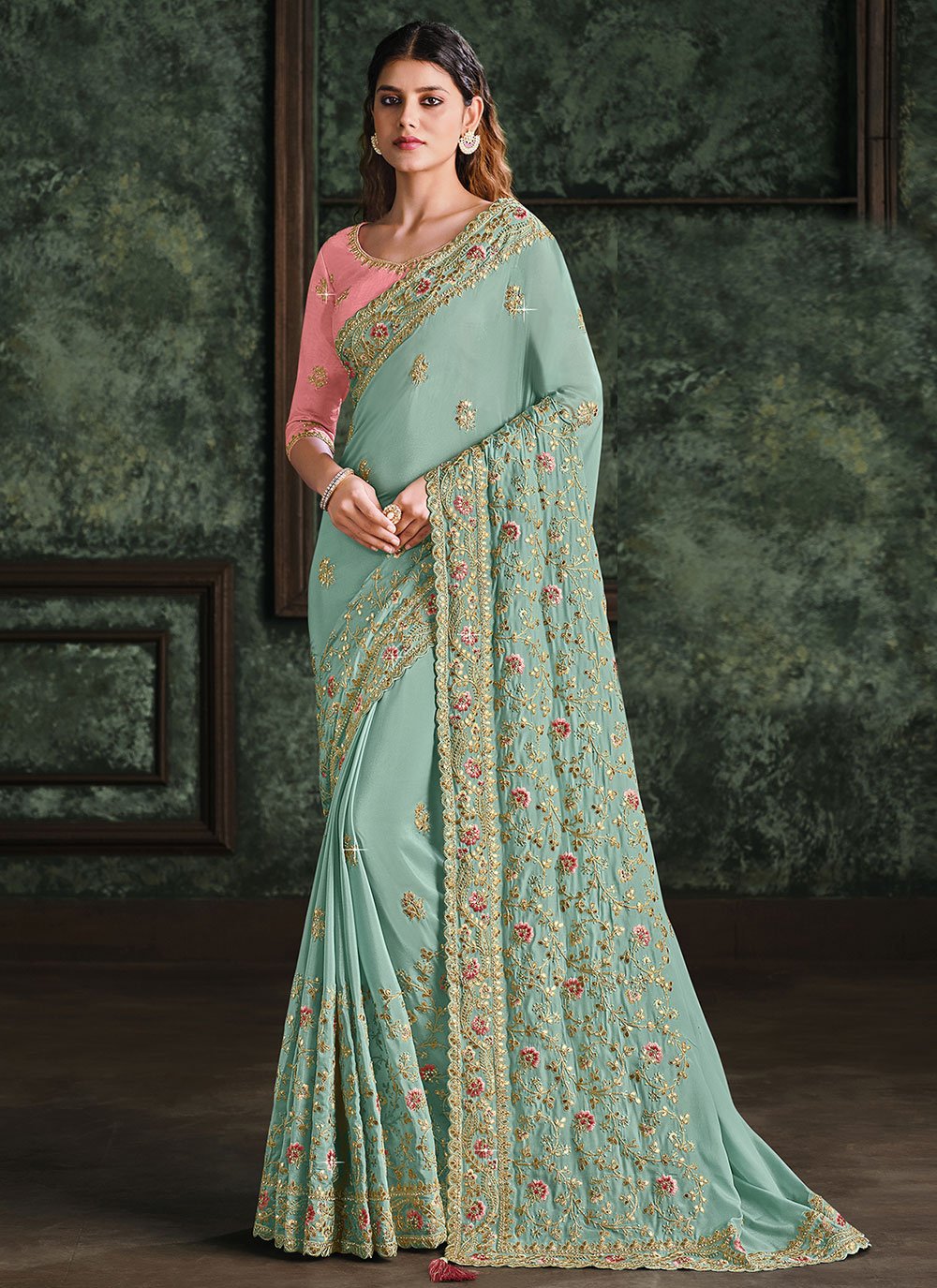 Buy Wedding Wear Sky Blue Zari Work Net Saree Online From Surat Wholesale  Shop.