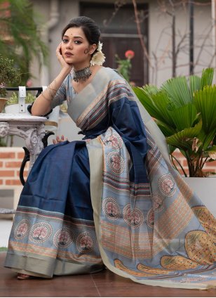 Blue Tussar Silk Weaving Traditional Saree