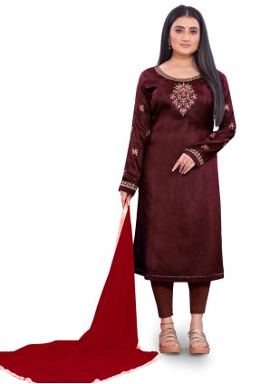 Brown color Embroidered Crepe Salwar suit