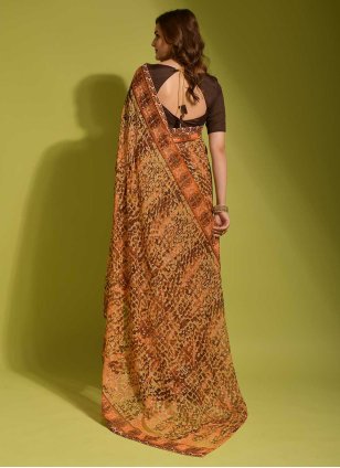 
                            Brown Georgette Digital Print Designer Sari