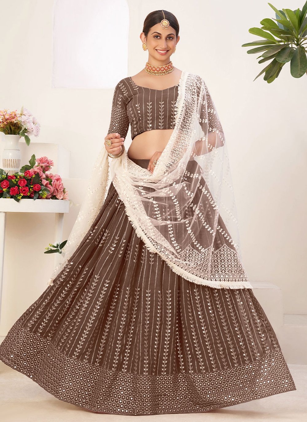 Buy Wedding Wear Dark Brown Sequins Work Net Lehenga Choli Online From  Surat Wholesale Shop.