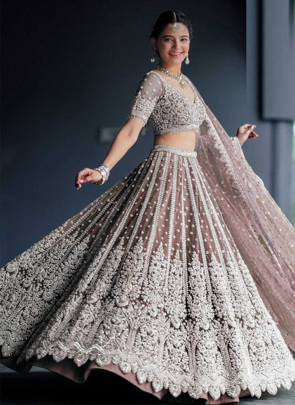 Popular Silver Wedding Net Designer Lehenga Choli, Silver Wedding Net  Designer Lehengas and Silver Wedding Net Ghagra Chaniya Cholis online  shopping
