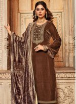 Brown Velvet Embroidered Pant Style Suit