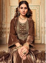 Brown Velvet Embroidered Pant Style Suit