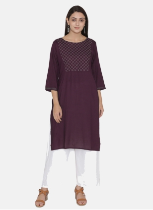 Casual Kurti Embroidered Rayon in Purple