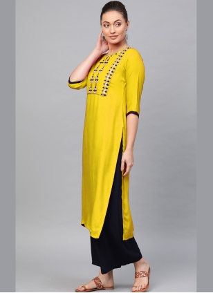 Casual Kurti Embroidered Rayon in Yellow