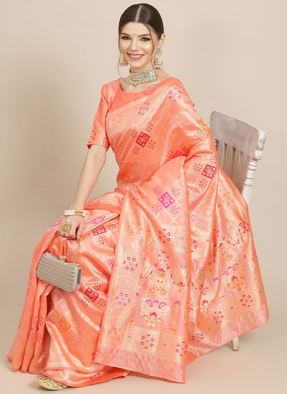 Classic Saree Embroidered Banarasi Silk in Peach