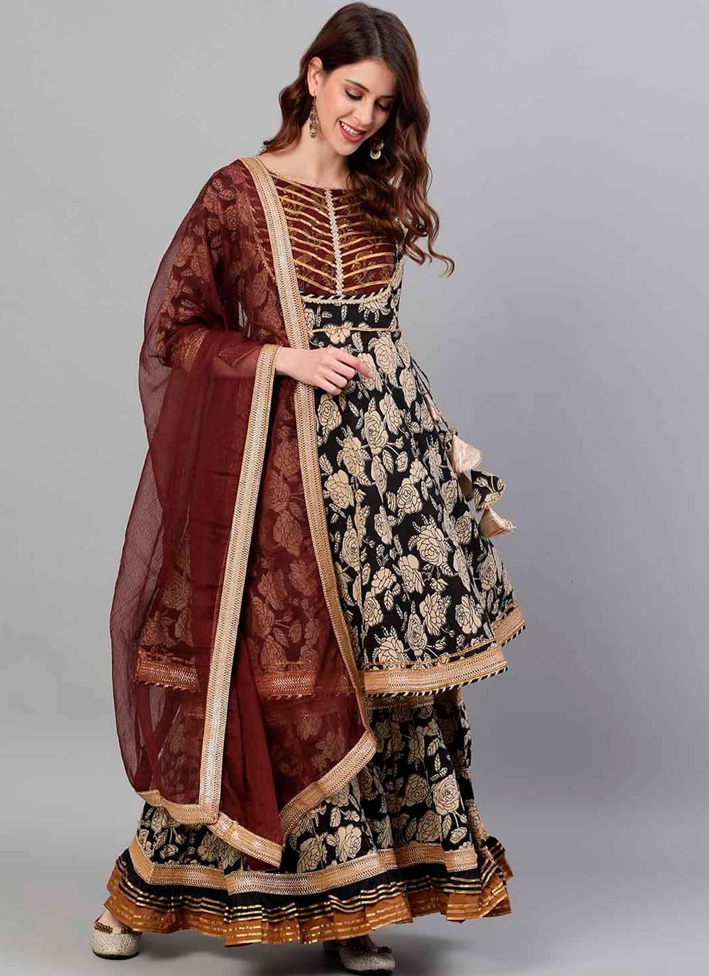 Cotton  Printed Sharara Salwar Kameez in Maroon and Multi Colour