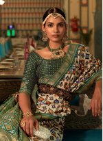 Cream and Green Patola Silk Weaving Contemporary Sari