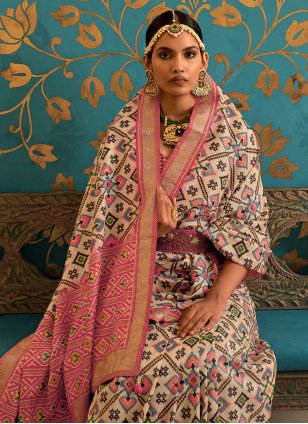 Cream and Pink Patola Silk Weaving Classic Sari