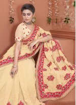 Cream Georgette Embroidered Trendy Sari