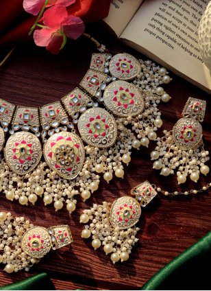 Cream Jewellery Set enhanced with Meena