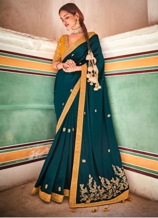 Crepe Silk Dori Work Rama Classic Designer Saree